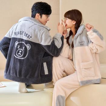2021年新款情侶睡衣珊瑚絨女冬季甜美卡通拉鏈男士家居服加絨加厚