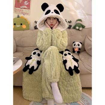 熊貓睡袍冬季天加厚加絨睡衣女款珊瑚絨三層夾棉襖可愛家居服套裝