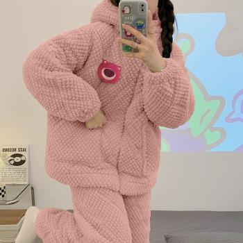 睡衣女秋冬季三層夾棉加厚珊瑚絨可愛卡通保暖連帽可外穿家居服
