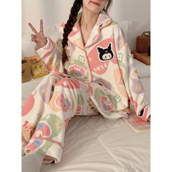 法蘭絨睡衣女秋冬款長袖保暖2023新款珊瑚絨可外穿冬天家居服套裝