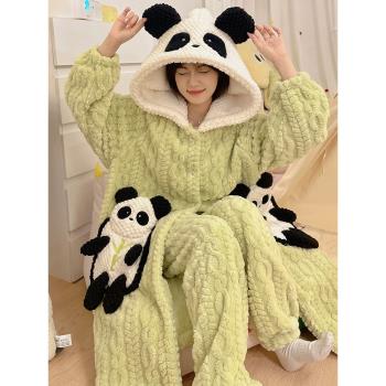 可愛熊貓睡袍加厚加絨珊瑚絨睡衣女秋冬季天法蘭絨長款家居服套裝