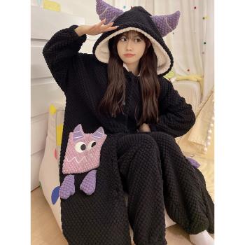 睡袍長款可愛冬季睡衣女冬天加厚加絨珊瑚絨保暖法蘭絨家居服套裝