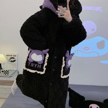 三層夾棉睡衣女冬季珊瑚絨加絨加厚長款可愛睡袍法蘭絨家居服套裝