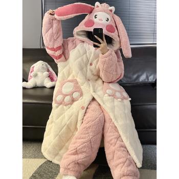 冬季睡袍可愛睡衣女冬款珊瑚絨三層夾棉加厚加絨法蘭絨家居服套裝
