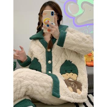 三層夾棉冬季睡衣女卡通2023新款可愛冬天珊瑚絨法蘭絨家居服套裝