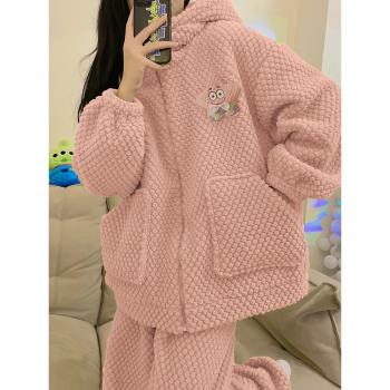 珊瑚絨睡衣冬季天女款2023新款加厚加絨法蘭絨可愛拉鏈保暖家居服