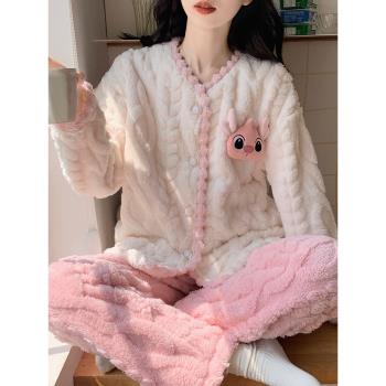 可愛睡衣女款珊瑚絨秋冬季天網紅風法蘭絨加厚加絨保暖卡通家居服