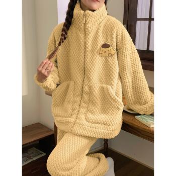 睡衣女2023年新款秋冬季天加厚法蘭絨珊瑚絨可外穿拉鏈保暖家居服
