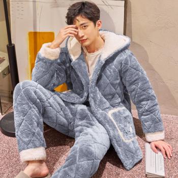 睡衣男士秋冬季珊瑚絨三層夾棉加厚加絨保暖法蘭絨家居服套裝冬天
