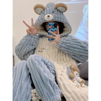 珊瑚絨睡衣女秋冬季款三層夾棉睡袍長款加絨加厚法蘭絨家居服套裝