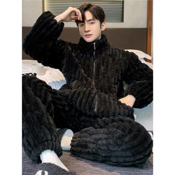 男士睡衣冬季天加厚加絨三層夾棉珊瑚絨法蘭絨拉鏈款青少年家居服