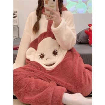 2024新款卡通天線寶寶連體連帽睡衣女秋冬季加厚珊瑚絨保暖家居服