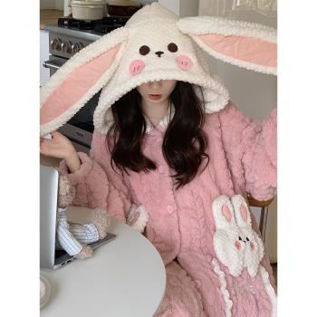 睡袍女秋冬季珊瑚絨可愛卡通中長款加絨加厚睡衣冬款法蘭絨家居服
