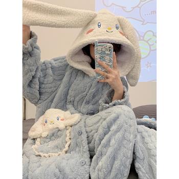 睡衣女2022年秋冬季新款卡通外穿珊瑚絨加厚法蘭絨睡袍家居服套裝
