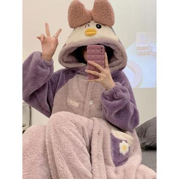 睡衣女2022年秋冬季新款珊瑚絨加厚法蘭絨甜美女孩睡袍家居服套裝