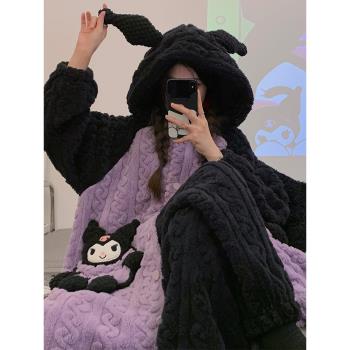 庫洛米睡衣女冬季珊瑚絨加絨加厚冬天法蘭絨浴袍毛絨長款睡袍套裝