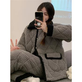 三層夾棉睡衣女冬季2023年新款加絨加厚珊瑚絨法蘭絨高階感家居服