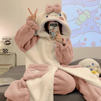 秋冬季睡衣女法蘭絨睡袍2022年新款加厚珊瑚絨可愛女孩長款家居服