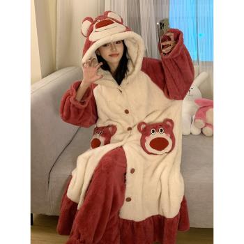 秋冬季珊瑚絨睡衣女連帽加絨加厚法蘭絨睡袍2023年新款家居服套裝