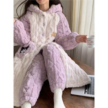 睡衣女款冬季長袍三層夾棉加厚加絨珊瑚絨保暖可愛家居服套裝冬天