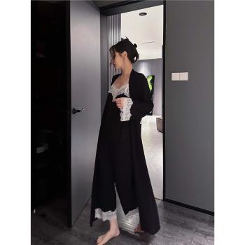 doubleoo莫代爾棉感睡袍女蕾絲邊性感睡衣和服領家居服晨袍春夏薄