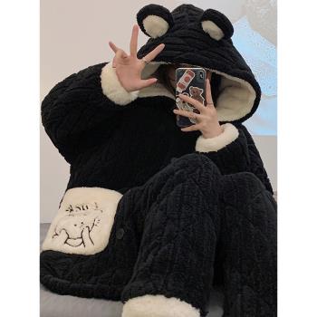 睡衣女秋冬季三層夾棉法蘭絨加厚珊瑚絨保暖少女連帽款家居服套裝