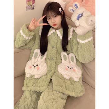 睡衣女2023新款冬季天珊瑚絨三層夾棉襖加厚加絨法蘭絨可愛家居服