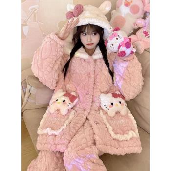 冬季天睡衣女款珊瑚絨三層夾棉加厚加絨法蘭絨家居服可愛連帽套裝