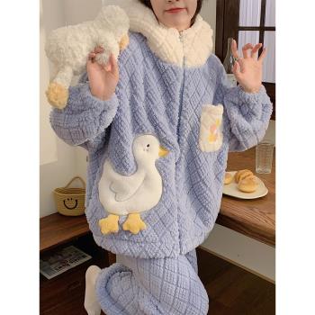 珊瑚絨女款加厚連帽可愛冬天睡衣