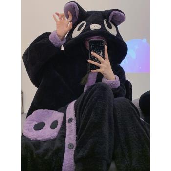 珊瑚絨睡袍女秋冬季加絨加厚睡衣長款可愛法蘭絨浴袍家居服套裝