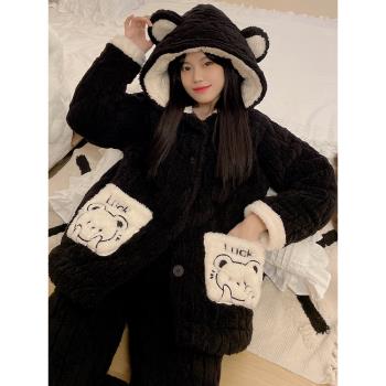 睡衣女秋冬季三層夾棉法蘭絨加厚珊瑚絨保暖少女連帽款家居服套裝