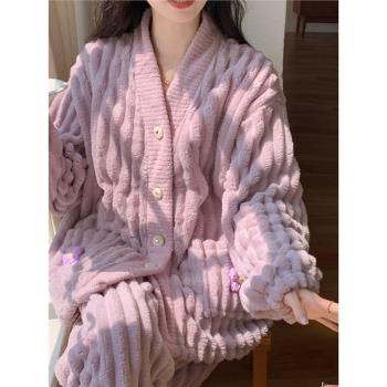 珊瑚絨保暖睡衣女2023年新款秋冬季天加厚法蘭絨可外穿家居服套裝