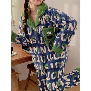 睡衣女冬季珊瑚絨冬天款法蘭絨保暖大碼加厚加絨可外穿家居服套裝