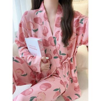和服睡衣女春秋季純棉長袖休閑套裝2024新款水蜜桃甜美開衫家居服