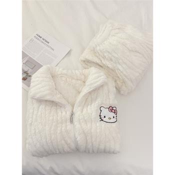 HelloKitty睡衣女冬季珊瑚絨加厚加絨拉鏈套裝新款可愛學生家居服