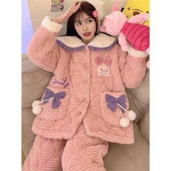 冬季天睡衣女款珊瑚絨三層夾棉加厚加絨法蘭絨可愛少女家居服套裝