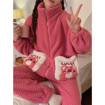 法蘭絨睡衣女款加厚加絨秋冬季天保暖珊瑚絨網紅風拉鏈家居服套裝