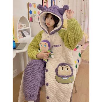 睡衣女款冬季三層夾棉加厚加絨長袍珊瑚絨保暖可愛家居服冬天套裝