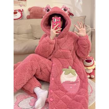 睡衣女款冬季三層夾棉加厚加絨長袍珊瑚絨冬天保暖超厚家居服套裝