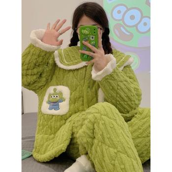 娃娃領睡衣女款可愛冬季天加厚珊瑚絨三層夾棉襖法蘭絨保暖家居服