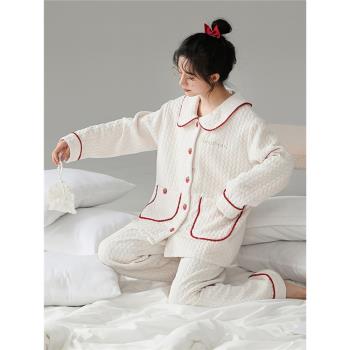 春秋季睡衣女純棉2023新款甜美草莓長袖加厚冬天空氣棉夾層家居服