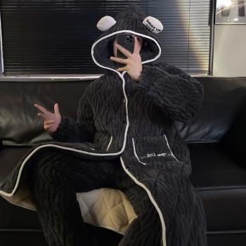 珊瑚絨睡袍男士冬季加厚三層夾棉連帽浴袍睡衣法蘭絨家居服可外穿