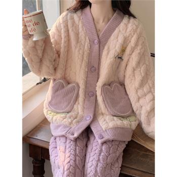 法蘭絨網紅風睡衣冬季女款加厚加絨甜美冬天珊瑚絨保暖家居服套裝