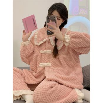 珊瑚絨加絨加厚女士睡衣秋冬季天可愛法蘭絨保暖可外穿家居服套裝