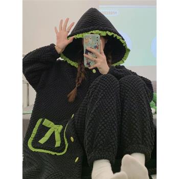 連帽睡衣女秋冬季珊瑚絨加厚法蘭絨睡袍新款長款可外穿家居服套裝