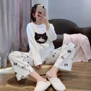 可愛貓咪兔子長袖睡衣女春秋純棉卡通休閑圓領家居服套裝可外穿