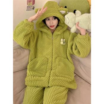珊瑚絨睡衣女款冬季天加厚加絨長袖法蘭絨連帽可愛保暖家居服套裝