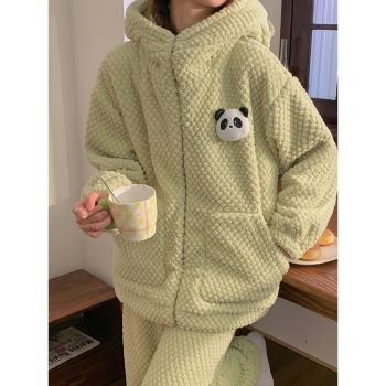 連帽睡衣女秋冬季加厚加絨法蘭絨冬天款拉鏈保暖珊瑚絨熊貓家居服
