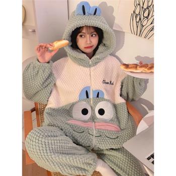 連帽卡通睡衣女冬季珊瑚絨加絨加厚可愛少女網紅法蘭絨家居服套裝