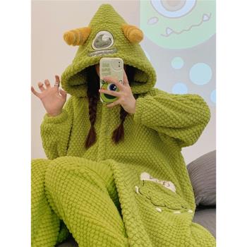浴袍睡衣女秋冬季天保暖大眼怪家居服珊瑚絨加絨加厚長款睡袍套裝